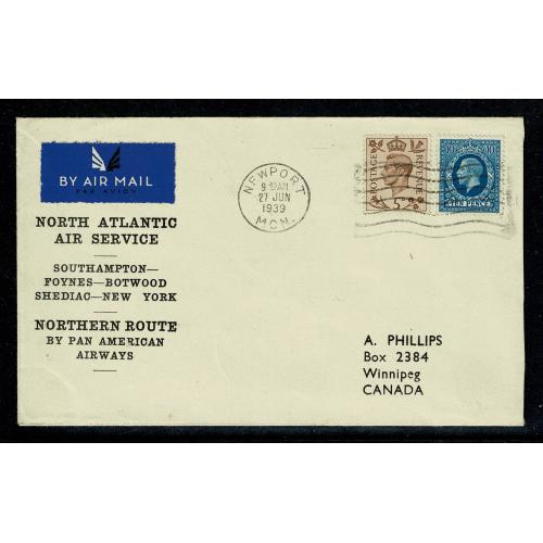 First Flight Cover. North Atlantic Air Service. Pan American Airways to Canada