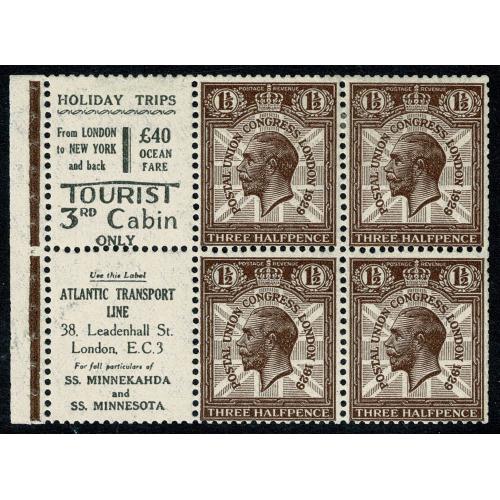 1929 PUC 1½d. Purple-brown, booklet pane Upright Watermark. Spec NComB4 Holiday Trips / Atlantic Transport Line
