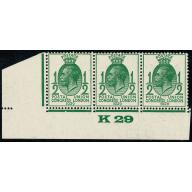 1929 Postal Union Congress ½d green K29 Control strip of  three. Platre 1. SG 434