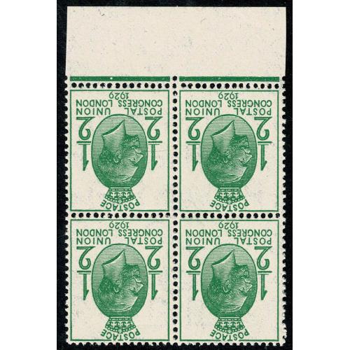 1929 ½d green. WATERMARK INVERTED. SG 434Wi. Scarce ex sheet block.