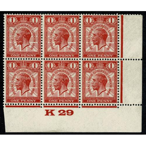 1929 1d scarlet. Plate K26 block with listed variety  Co joined SG Spec. NCom6e